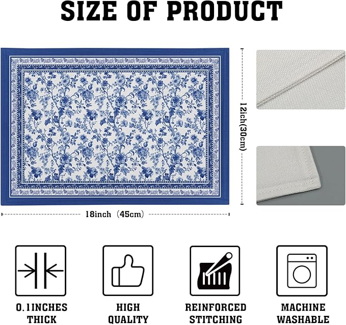 Blue Floral Branches Placemats Set of 4 ,12 x 18 Inch Chinoiserie Table Mats Washable Heat Resistant Linen Fabric Rectangle Place Mat for Indoor Outdoor Kitchen Dining Home Decor