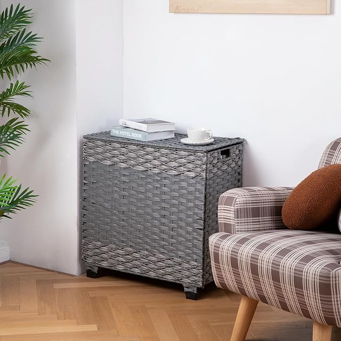 OIAHOMY Laundry Hamper with Lid, 140L Synthetic Rattan Clothes Hamper with Handles, Handwoven Large Laundry Basket with 3 Removable Liner Bags, Foldable, Laundry Room, 27*13*26 Inches, Gradient Grey