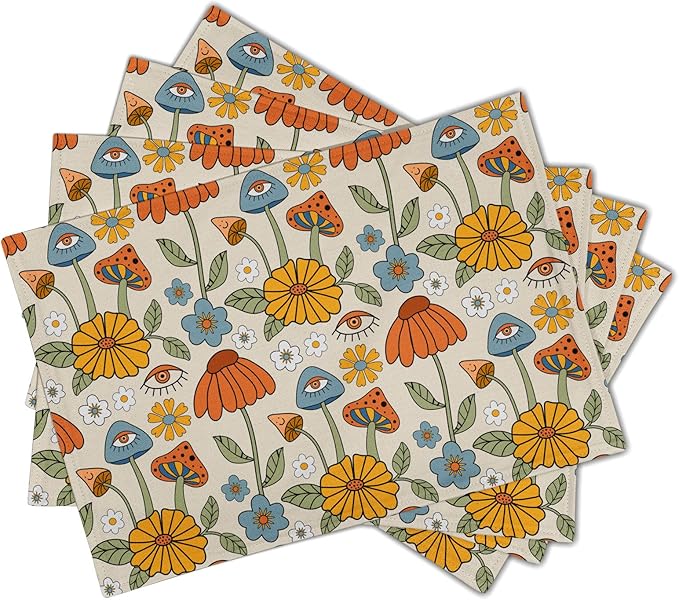 Retro Boho Floral Placemats Set of 4 70s Vintage Cute Abstract Mushrooms Fun Linen Washable Kitchen Dining Table Mats Stain Heat-Resistant Desktop Decor Place Mats for Home Party Dinner 12x18 in