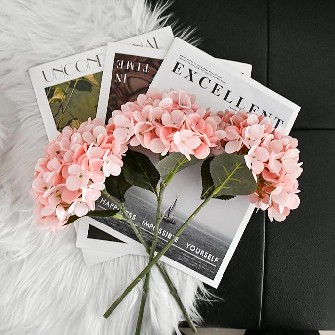 Mandy's 3 Stems Light Pink Artificial Hydrangea Flowers – 13.7” Realistic Silk Bouquet for Centerpieces, Wedding & Home Decor