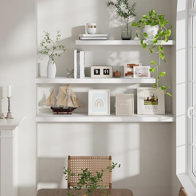 55"W x 9"D Floating Shelves Set of 2, 9.3 Inch Deep Floating Shelves Wall Mounted, Wide Wall Shelves Invisible Bracket, Deep Storage Shelves for Living Room, Bathroom, Kitchen, White Color