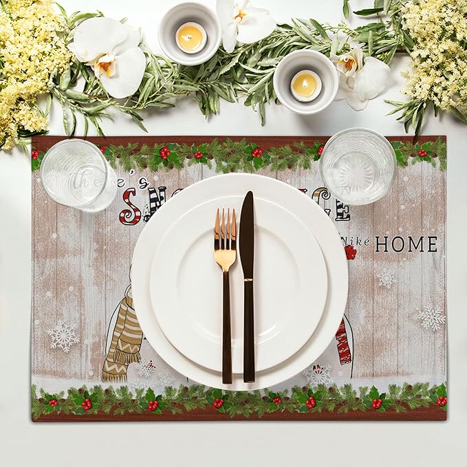 Winter Snowman Placemats Set of 4, Snowflake Pine Cone Place Table Mats Farmhouse Heat Resistant Place Mats 12x18 Inch for Christmas Holiday Decorative Party Dining Table