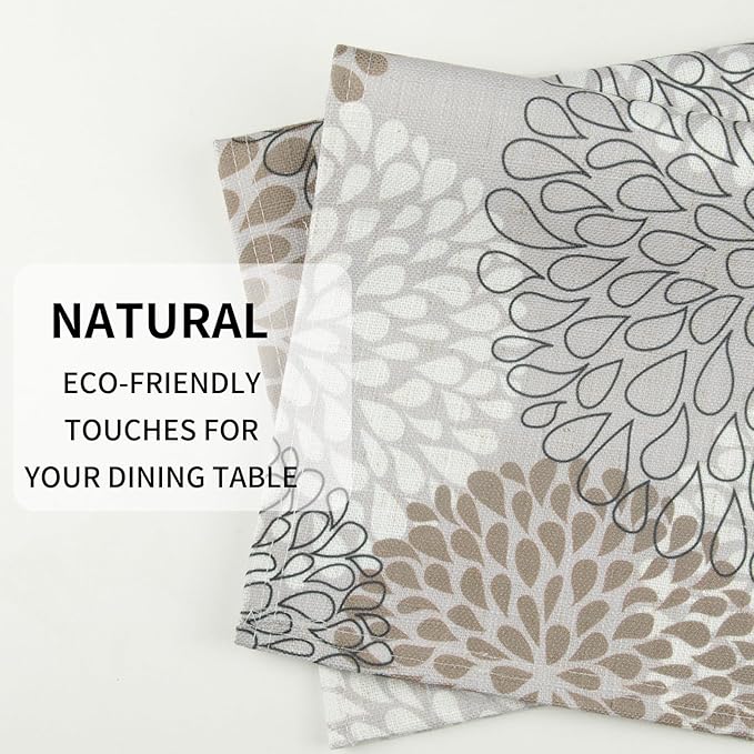 QIYI Boho Placemats Set of 4, 12x18 Inch Linen Fabric Place Mats for Kitchen Dinning, Farmhouse Rustic Floral Cloth Table Mats, Washable Placemat Party Table Décor, Brown Floral Burst