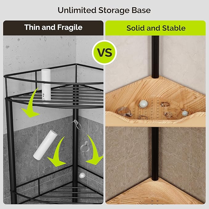 Orimade Rustproof 4 Tier Floor Standing Corner Shower Caddy Organizer, Plastic Metal Splicing Floor Corner Shelf Rack Storage Stands for Bathroom, Wood Grain Surface