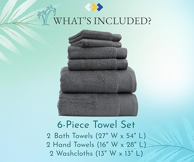 California Design Den 6 Piece Everyday Towel Set - 2 Bath Towels for Bathroom, 2 Hand Towels and 2 Washcloths - 100% Cotton, Soft, Quick-Dry & Absorbent Towels for Bathroom, Spa, Gym & Kitchen - Grey
