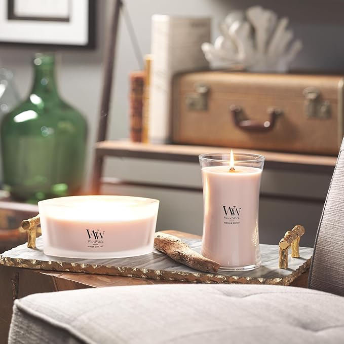 WoodWick Large Hourglass Candle, Vanilla Sea Salt Scented, Premium Soy and Paraffin Wax Blend, Crackles as it burns, Great for gifting, 21oz