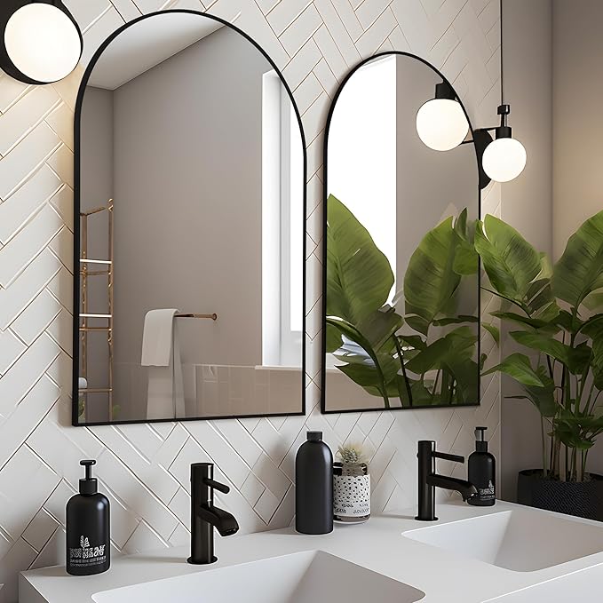 Black Arched Bathroom Mirror 24"X36" Black Arched Mirror Wall Mounted Mirror Modern Farmhouse Mirror Vanity Curved Arch Hanging Mirror Frosted Metal Frame for Bedroom Living Room DéCor