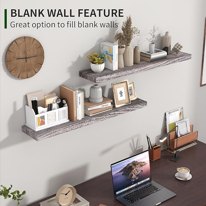Marsmiles Wood Floating Shelves for Wall Set of 2, 36 Inch Wide Rustic Wooden Floating Shelves, Invisible Wall Mounted Display for Living Room Bedroom Kitchen Bathroom Office, Weathered