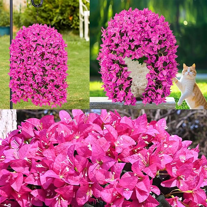 8Pcs UV Resistant Artificial Flowers for Outdoors, Realistic Faux Silk Bougainvillea Flowers, Fake Hanging Plants for Porch Patio Balcony Decoration (Purple)