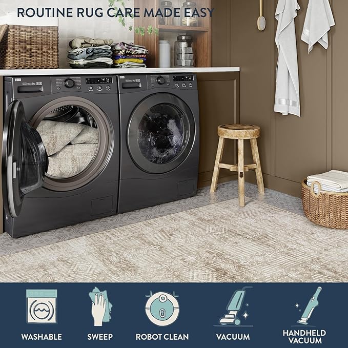 Lahome Neutral Boho Rugs for Bedroom 8x10, Farmhouse Rug for Living Room, Beige Cream Carpet for Dining Room, Soft Rubber Backed Non-Slip Carpets for Home Office