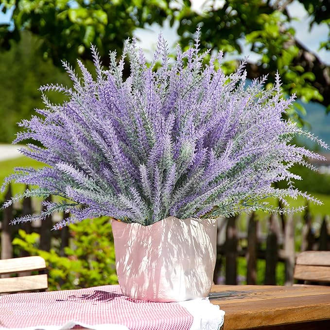 Agusbagli Artificial Lavender Flowers, 12 Bundles Purple Plastic Flowers UV Resistant Outdoor Plants Faux Lavender Stems for Garden Centerpieces Window Box Porch Home DéCor