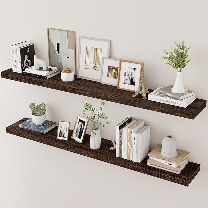 Marsmiles Wood Floating Shelves for Wall Set of 2, 48 Inch Wide Rustic Wooden Floating Shelves, Invisible Wall Mounted Display for Living Room Bedroom Kitchen Bathroom Office, Rustic Brown