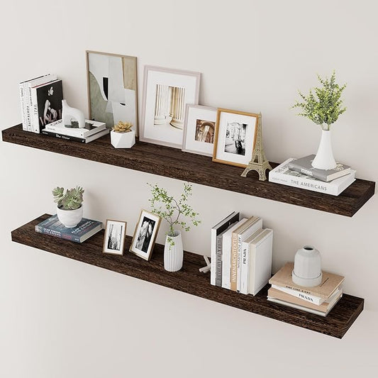 Marsmiles Wood Floating Shelves for Wall Set of 2, 48 Inch Wide Rustic Wooden Floating Shelves, Invisible Wall Mounted Display for Living Room Bedroom Kitchen Bathroom Office, Rustic Brown