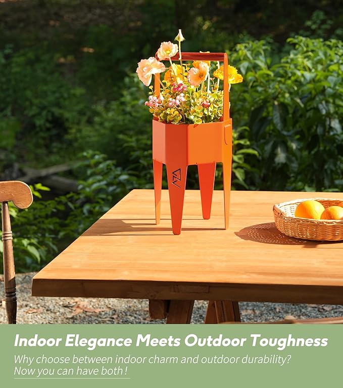 Planter with Stand, Metal 2 in 1 Portable Planter with Grow Bags & Handle, Stable Stylish Indoor Plant Pots with Stand, Modern Flower Pot Outdoor, 7.5'' x 17.3'', Orange, Plant Not Included