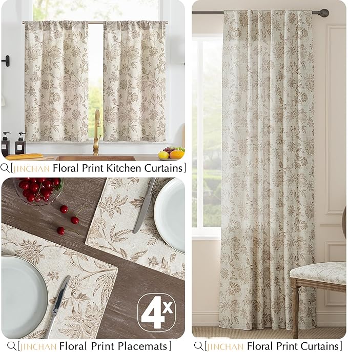 JINCHAN Linen Floral Fall Placemats Set of 4 Cloth Table Mats Rustic Cottagecore Jacobean Outdoor Seasonal for Kitchen Dining Table Decor Non-Slip Washable Tablemats 13x19 Inch Taupe