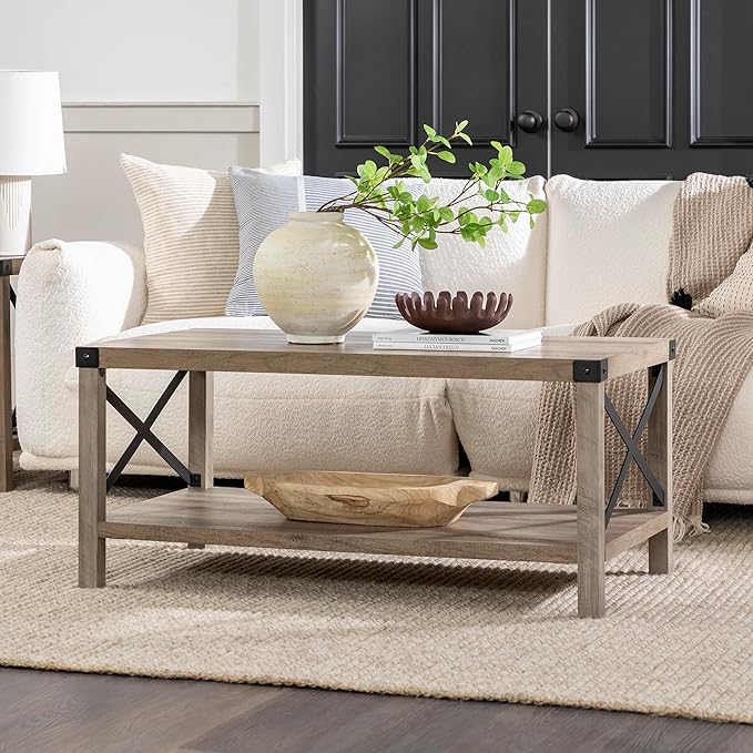 Walker Edison Sedalia Modern Farmhouse Metal X Coffee Table, 40 Inch, Grey Wash
