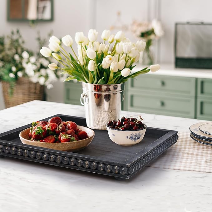 HPC Decor 12in Square Decorative Tray for Home Decor Wood Beaded Tray (Black)