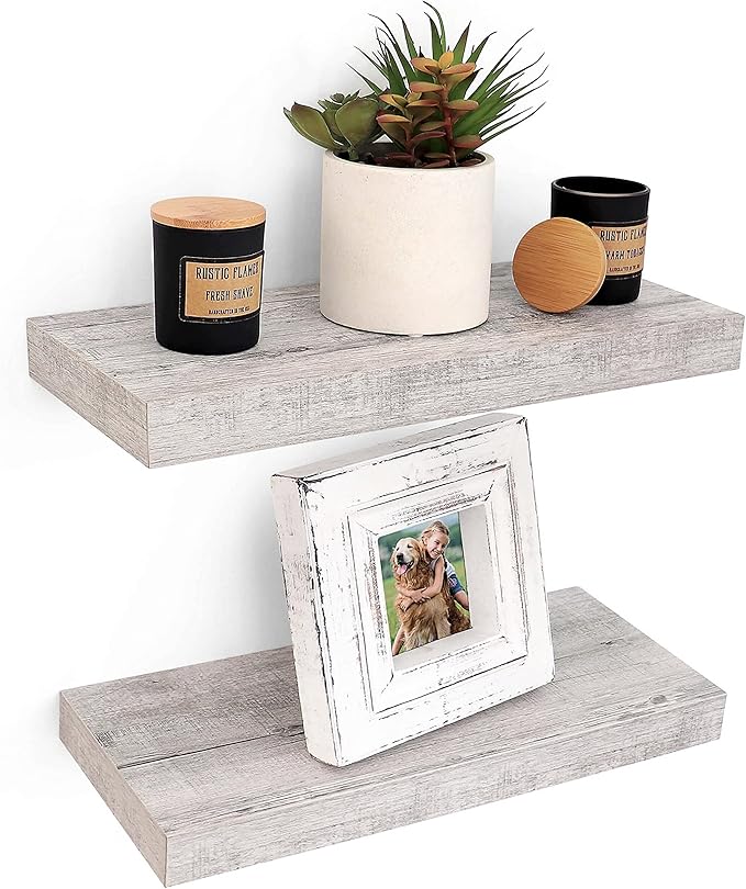 Floating Wall Shelves, 16” Hanging Shelf Set for Living Room, Office, Kitchen, Bathroom &, Perfect Home Room Wall Decor, Rustic Pattern Designed – (Rustic Whitewash 16")