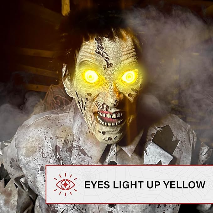Haunted Hill Farm Motion-Activated 6-Ft. Tall Guard Zombie, Plug-in Scare Prop Animatronic with Spooky Sound Effects and Lights for Indoor or Covered Outdoor Creepy Halloween Decoration