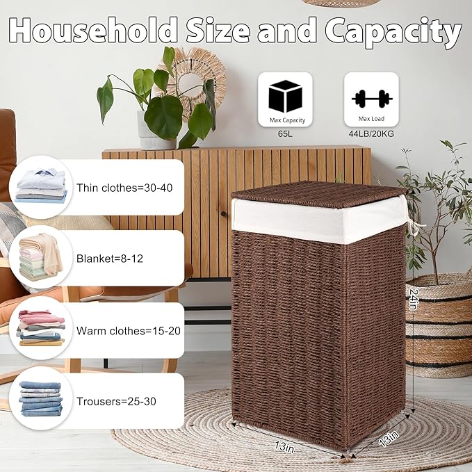 OIAHOMY Laundry Hamper with Lid, 17.2 Gal (65L) Wicker Hamper with Removable Liner Bag, Handwoven Clothes Basket with Handles, Foldable Paper Rope Basket for Laundry Room, Bedroom-Brown