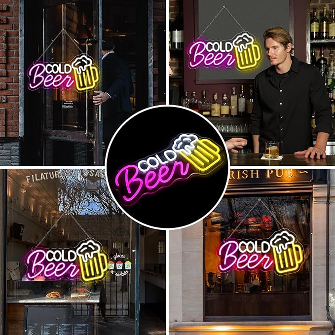 Cold Beer Neon Signs for Wall Decor, 16.5"X 9" Dimmable LED Neon Sign Powered by USB with ON/OFF Switch, Bright High Visibility Light Up Neon Signs for Home Beer Club Party Gift