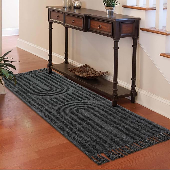 LEEVAN Washable Kitchen Runner Rug 2'X5', Hand-Woven Bathroom Runner Rug with Tassels, Dark Grey Entryway Runner Rug, Tufted Rainbow Bedroom Rug Runner, Farmhouse Hallway Rug for Laundry/Living Room