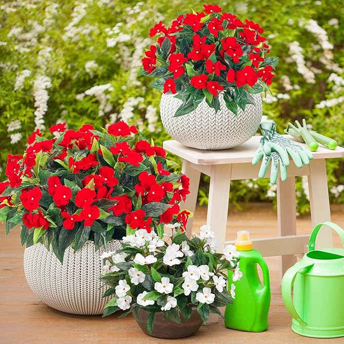 Uqueeten15.7” Spring Decorations for Home Flowers Fake Plants Fake Flowers Artificial Impatiens Bouquet Flowers for Outdoors Silk Faux Flowers Impatiens Plants Decor Indoor Planters 8PCS Red