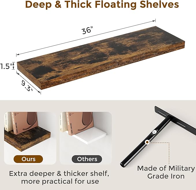 36"x9.3" Floating Shelves, 9.3 Inch Deep Floating Shelf, Rustic Wall Shelves 36 Inch Long, Large Display Shelves for Books, Deep Storage Shelf for Living Room, Laundry Room - Rustic Brown, Set of 2
