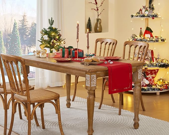 Burlap Style Farmhouse Table Runner, 13 x 72 Inch Red, Rustic Geometric Hollow Table Runners 72 Inches Long for Dresser Table Everyday Use, 13x72 Inches, Red
