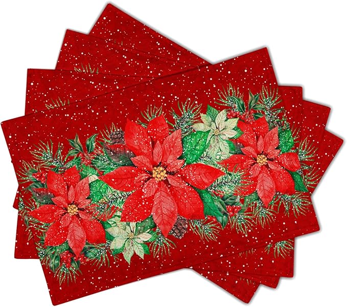 Red Poinsettias Placemats for Dining Table Set of 4, 12 x 18 Inch Red White Floral Xmas Tabletop Mats Red Rectangle Table Mat for Winter Holiday Party Kitchen Table Decor