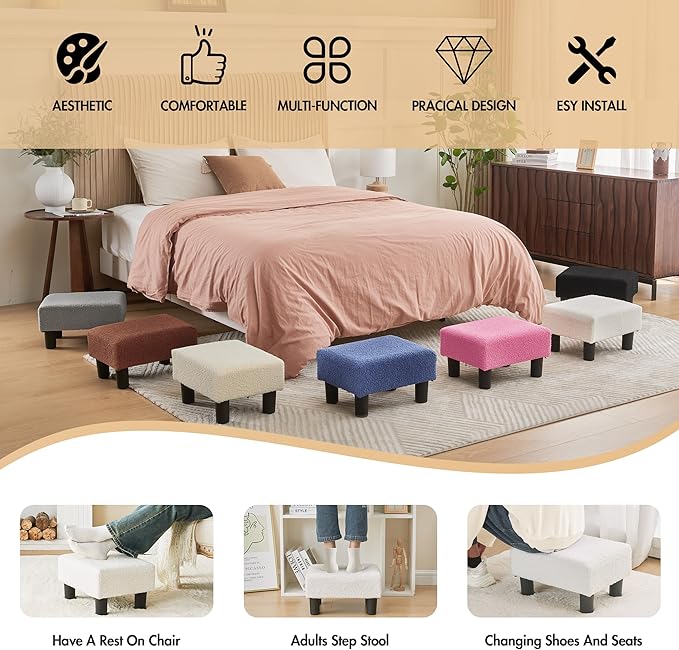 BRIAN & DANY Small Foot Stool Ottoman, Footstool with Legs, Teddy Velvet Foot Rest for Living Room, Bedroom and Office, White