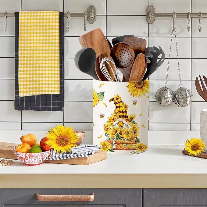pinata Sunflower Kitchen Decor, Cute Ceramic Utensil Holder, Sunflower Kitchen Utensil Holder for Farmhouse Indoor (6.3inch)