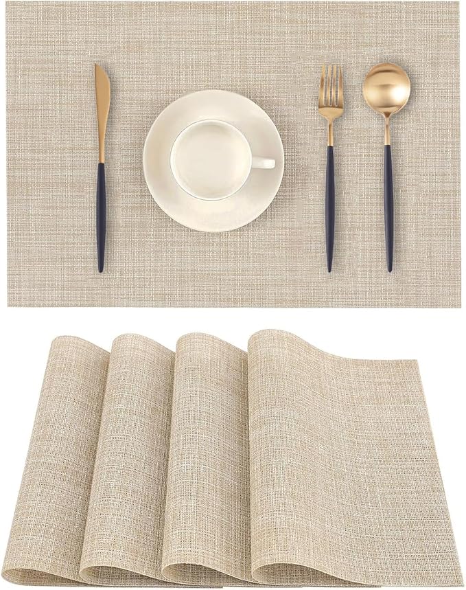 Beige Placemats Set of 4 - Heat Resistant Non-Slip Place mats for Dining Table, Washable Durable PVC Vinyl Woven Table Mats (Beige, 4)