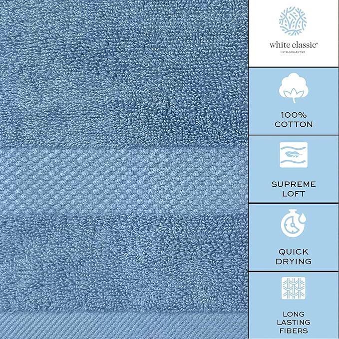 White Classic Luxury Bath Towels Set of 4 Large - 700 GSM Cotton Ultra Soft Bath Towels 27x54 | Highly Absorbent and Quick Dry | Hotel Towels for Bathroom Luxury, Plush Shower Towels, Light Blue