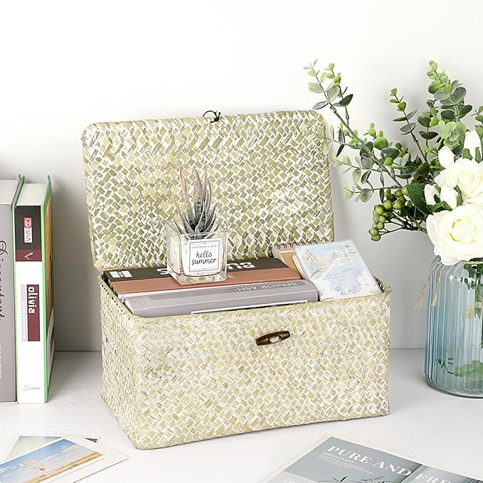 Hipiwe Wicker Shelf Baskets Bin with Lid, Large Natural Seagrass Basket Storage Bins Handwoven Rectangular Household Basket Boxes for Shelf Wardrobe Home Organizer and Decor, Whitewash