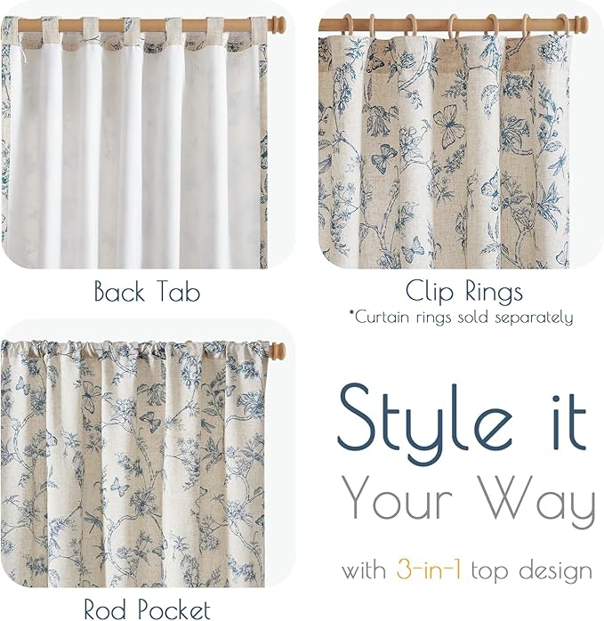 Lazzzy Farmhouse Linen Blue Floral Curtains 96 Inch Long Back Tab Drapes for Living Room Bedroom Light Filtering Country Vintage Rod Pocket, 2 Panels, Blue on Beige