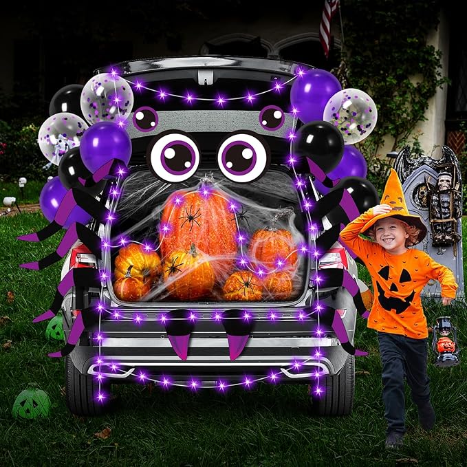 Halloween Trunk or Treat Car Decorations Kit - Halloween Car Decor with Spider Web, Balloons, Purple String Lights, Halloweens Spider Outdoor Decorations for Cars SUV Garage Door Entryway Archway