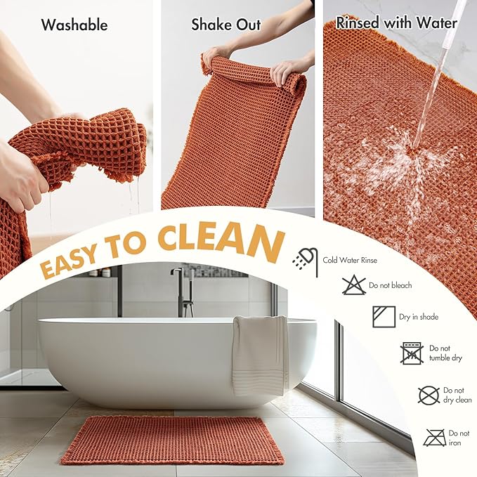 MIULEE Fall Orange Set of 2 Waffle Bathroom Rugs, Boho Bath Rugs Non Slip Washable, Super Absorbent Bath Mats, Ultra Soft Rubber Backed Shower Mats for Bathroom Floor, Tub, 17"x24"+18"x30"