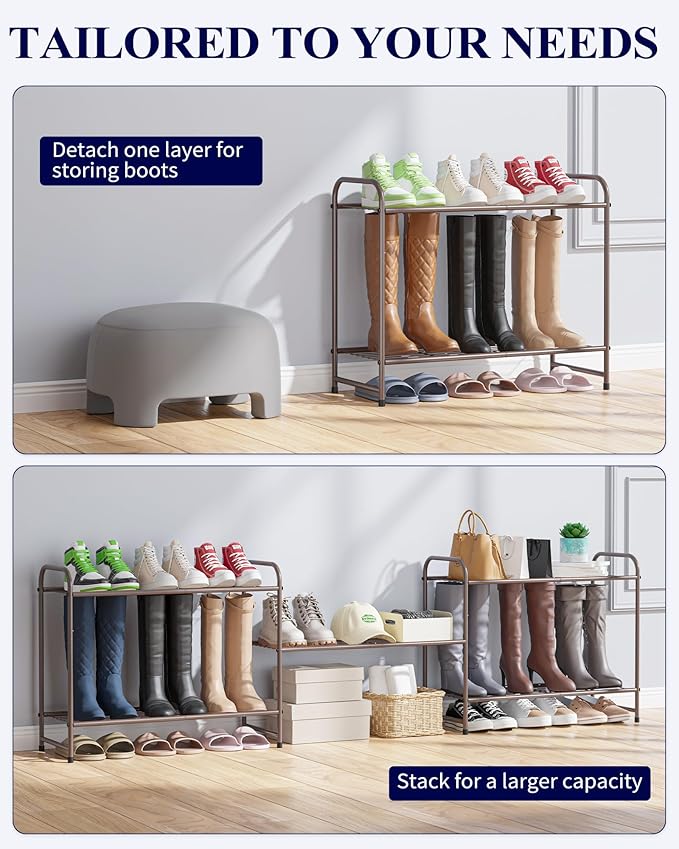 Kitsure Shoe Rack - Stainless Steel Shoe Organizer, Sturdy Shoe Rack for Closet and Front Door Entrance, Free Standing Shoe Shelf, Closet Organizers and Storage, Brown