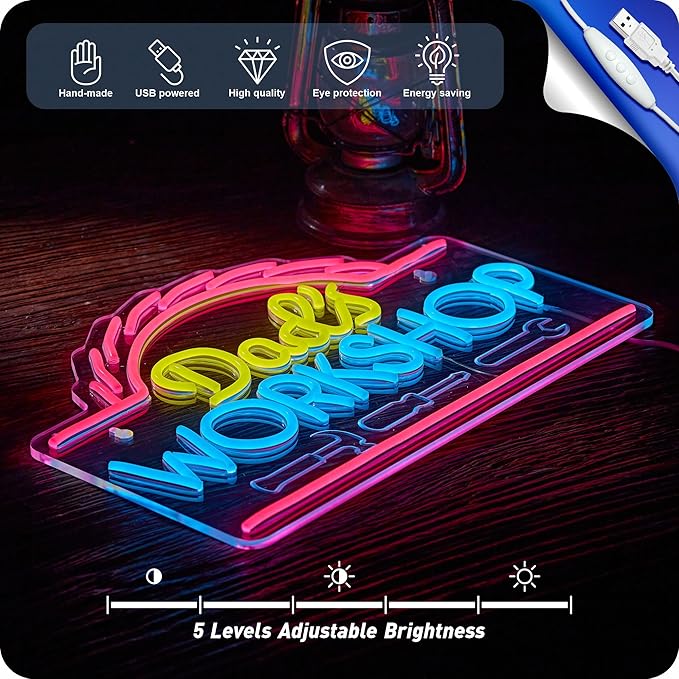 Dad's Workshop Neon Sign for Wall Decor Garage LED Light Car signs for Auto Repair Shop Man Cave Gift for Father 12.6 x 16.5 in (Yellow Pink)
