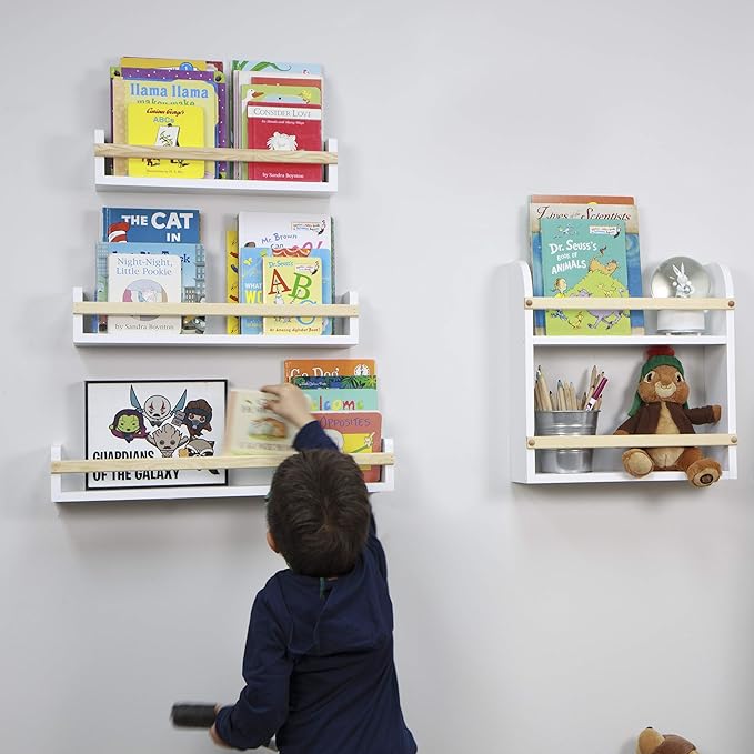 Wallniture Utah Wall Mount Nursery Décor Kids Bookshelf Floating Wall Shelves Book Photo Display Long Varying Sizes Set of 3, White