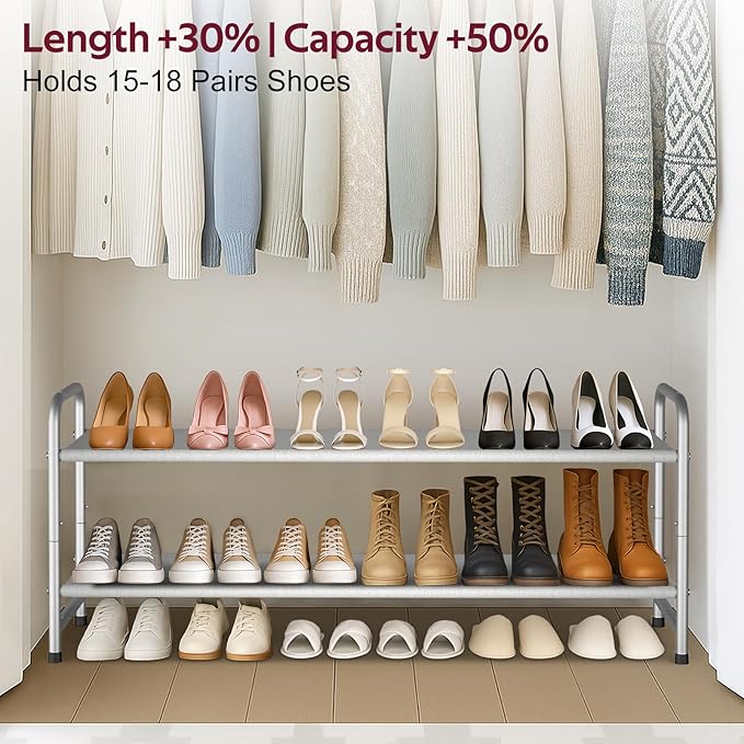 SLEEPING LAMB 2-Tier Long Shoe Rack Organizer for Closet, Stackable Wide Shoe Shelf Holds 18-Pairs Low Shoe Storage for Bedroom, Floor, Entryway (Grey)
