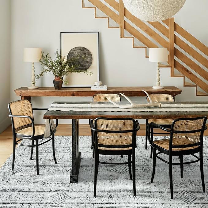 Lahome Farmhouse Washable Rug 8x10, Gray and Beige Dining Room Rugs for Under Table, Diamond Stain Resistant Large Carpets for Bedroom Office Living Room