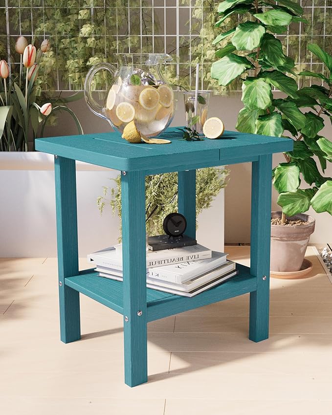 2-Tier Adirondack Square Outdoor Side Table, Pool Composite Patio Table, Weather Resistant End Table for Patio, Backyard, Pool, Easy Maintenance - Aruba