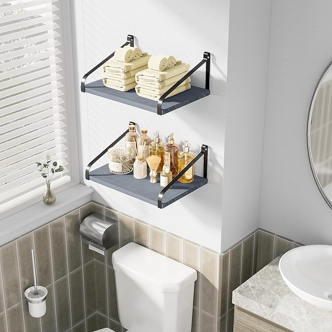 Love-KANKEI Floating Shelves Wall Mount Rustic Wood Wall Shelves with Large Storage L16.5 x W12 inch for Kitchen Living Room Bathroom Bedroom Set of 2 Weathered Grey