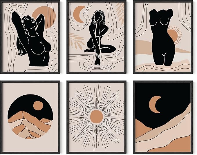 HAUS AND HUES Boho Neutral Wall Art - Set of 6 Boho Mid Century Modern Wall Art | Aesthetic Prints for Wall, Bohemian Wall Decor (16x20, Framed Black)