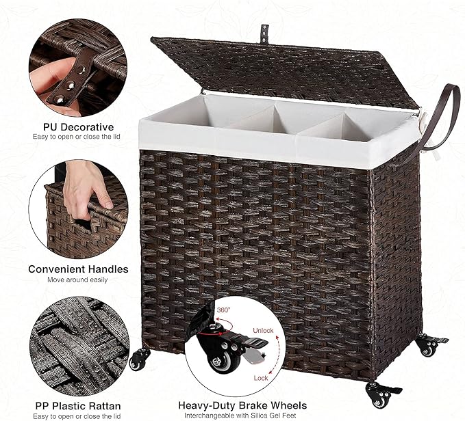 GREENSTELL Laundry Hamper with Wheels&Lid, 130L Large 3 Sections Clothes Hamper with 2 Types Removable Liner Bags, 5 Mesh Laundry Bags, Handwoven Divided Laundry Basket Brown
