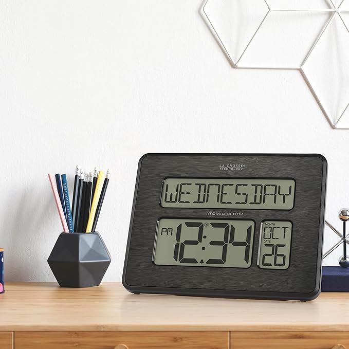 La Crosse Technology 513-1419C Atomic Digital Wall Clock with Calendar and Indoor Temperature