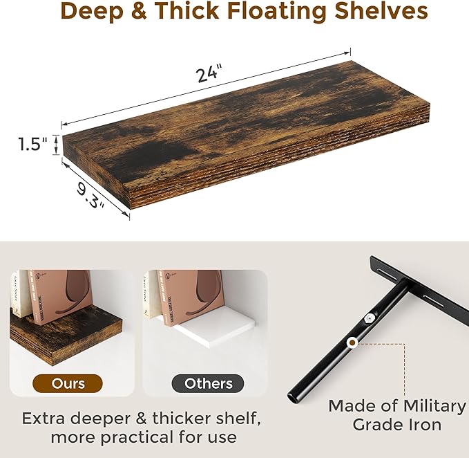 24W x 9.3D Floating Shelves, 9.3" Deep Wall Shelves Set of 2, Farmhouse Rustic Wood Shelf 24 Inch Long, Large Display & Storage Shelves for Book, Living Room, Bathroom, Kitchen - Rustic Brown