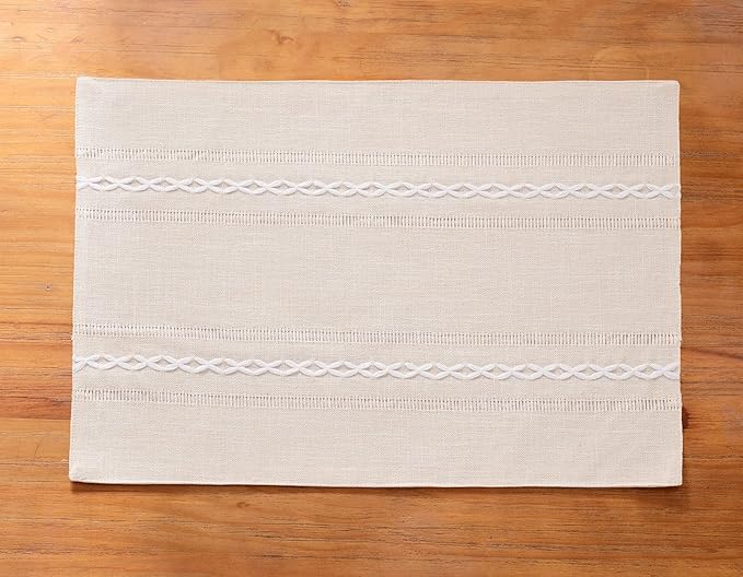 Wracra Cotton Linen Placemats, 12 x 18 Inch Set of 4 Fete Placemats Rustic Hemstitch Place Mats for Kitchen Table and Heat Resistant-Ivory